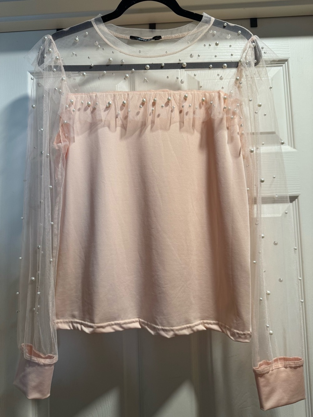Chic Me Women's Peachy Pink Pearl-Embellished Mesh Long Sleeve Shirt Size Large